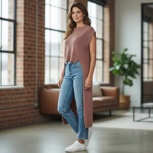 Kerisma Bisoux High Low Tunic Sweater size M/L Dusty Rose Ribbed Knit Sleeveless